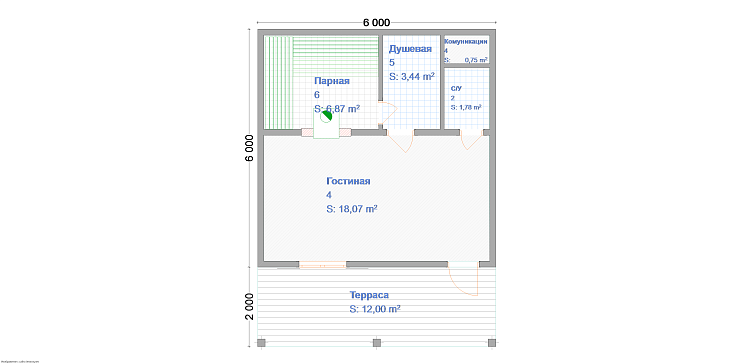 Каркасная баня 6х6м, с террасой 2х6м