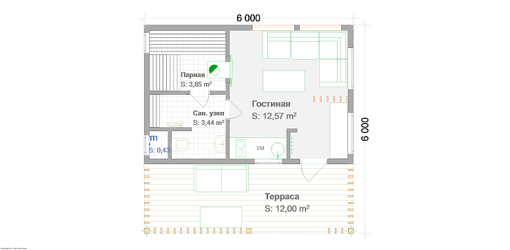 Каркасная баня 6.0х4,0м с терасой 