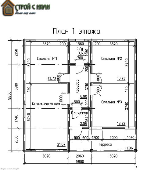 Каркасный дачный дом 9.8х9.8