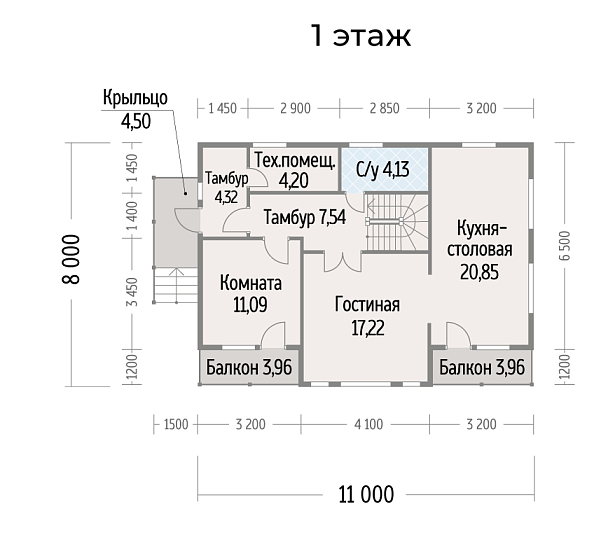 Коттедж 2 этажа, 8.0х11.0м