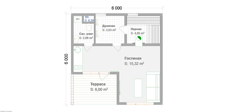 Баня в стиле БарнХаус 6.0х6.0м с террасой